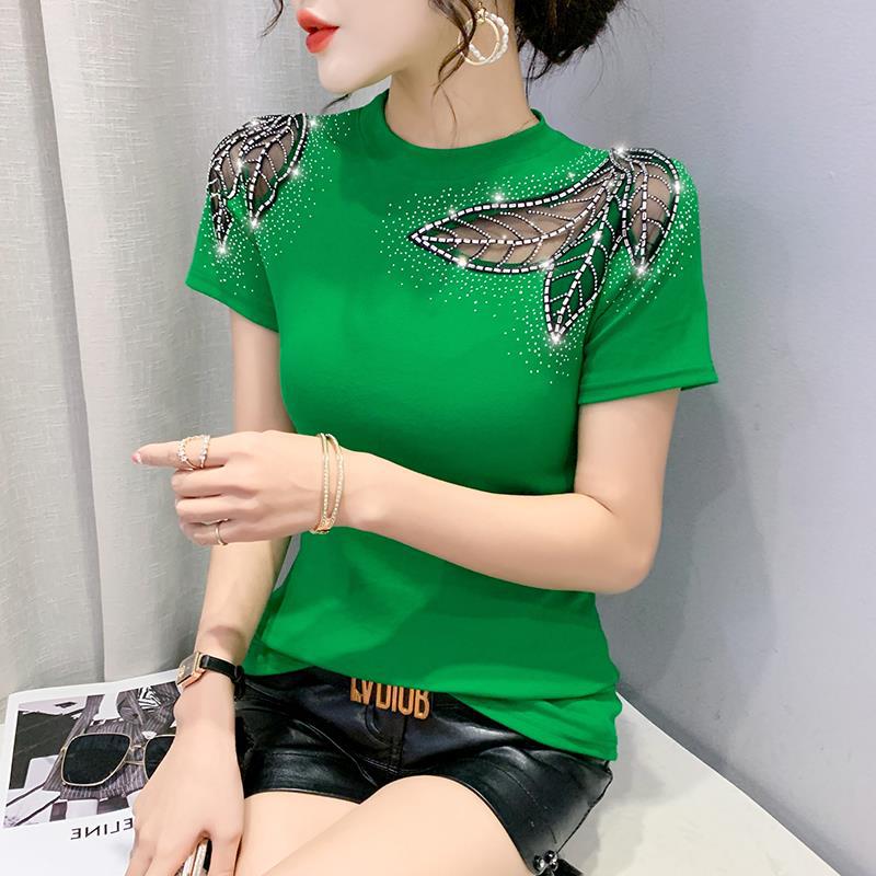 Camiseta de mujer de manga corta con cuello redondo, diseño hueco de encaje y pedrería, ajustada y adelgazante, nueva colección primavera-verano europea transfronteriza, al por mayor. image 5