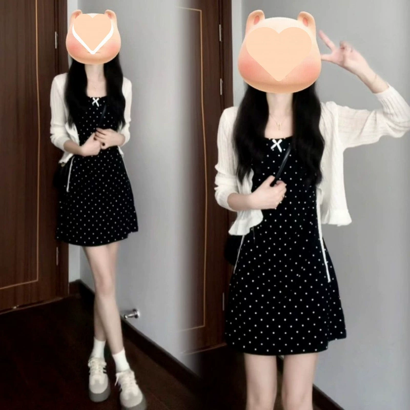 Черное вязаное платье на подтяжках в горошек, женское, новинка лета 2025, элегантная миниатюрная шикарная юбка