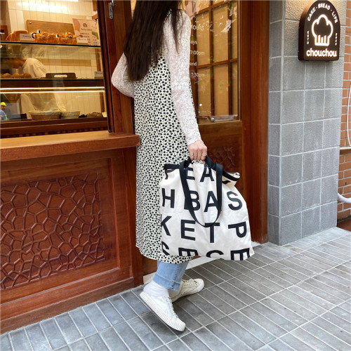 12281 Korean Same Style Letter Logo Leisure Style Large Capacity Shopping Bag Canvas Bag Wholesaling Three Colors Included