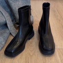 牛皮~洋气小短靴女2025秋冬新款厚底马丁靴方头切尔西方头瘦瘦靴