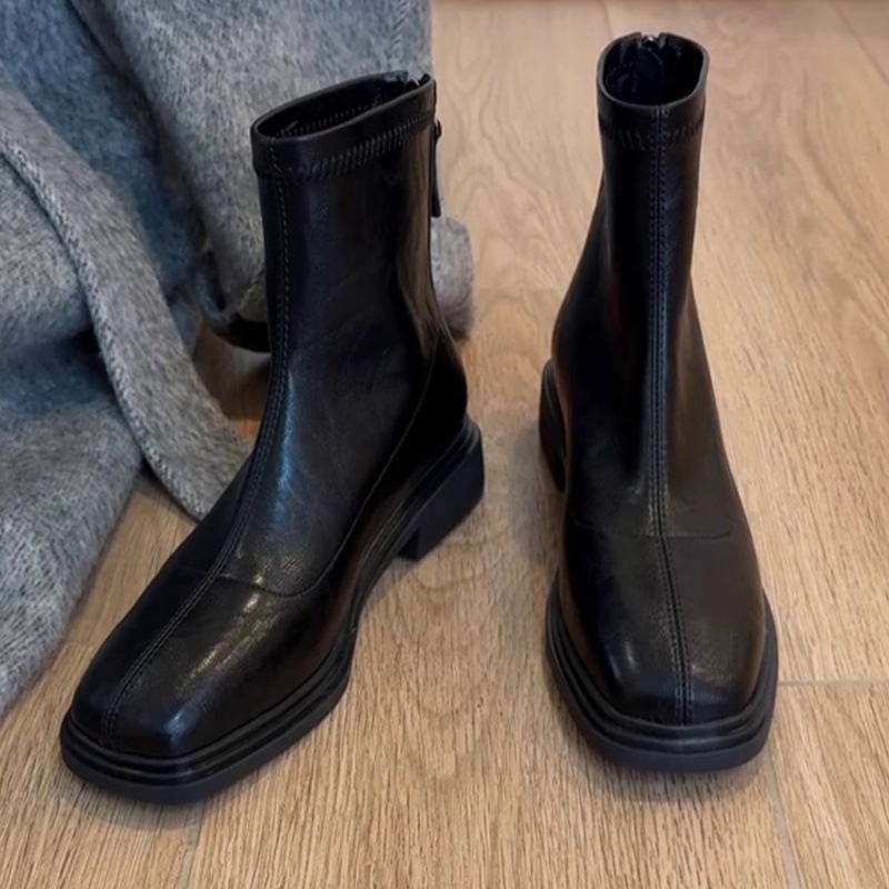 Cowhide ~ Western-Style Short Boots for Women 2025 Autumn and Winter New Thick-Soled Boots Square-Toe Chelsea Western-Toe Slim Boots