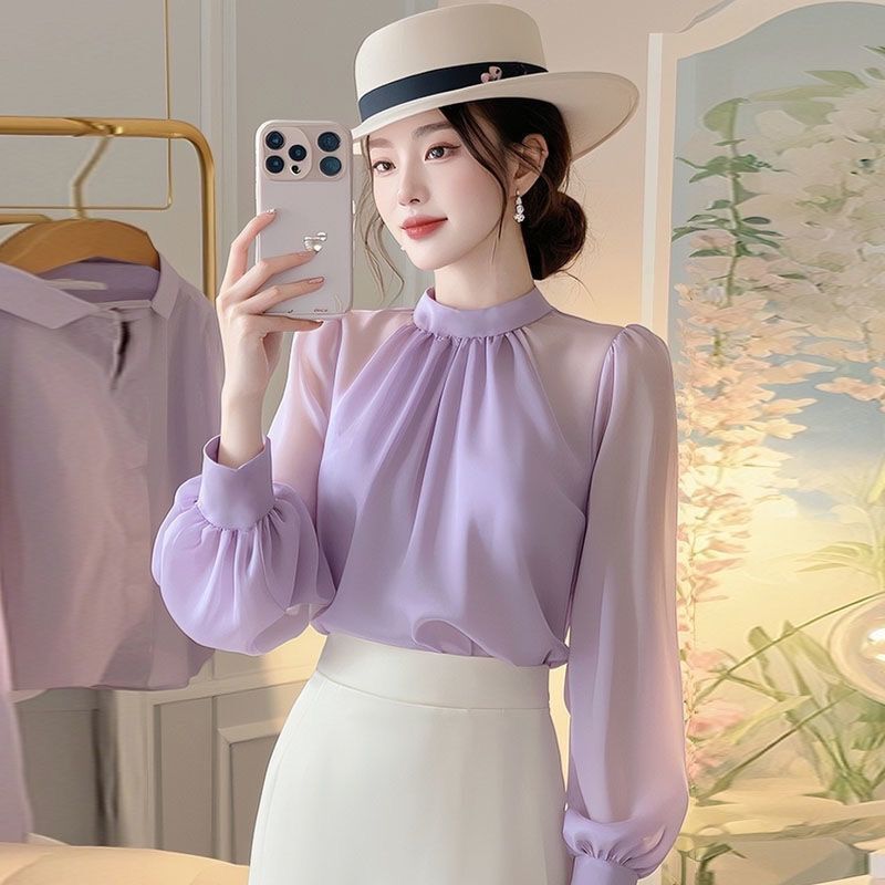 French-Style Beautiful Long-Sleeve Lavender Blouse for Women, 2025 Autumn New Elegant Blouse, Trendy Chiffon Shirt This Year