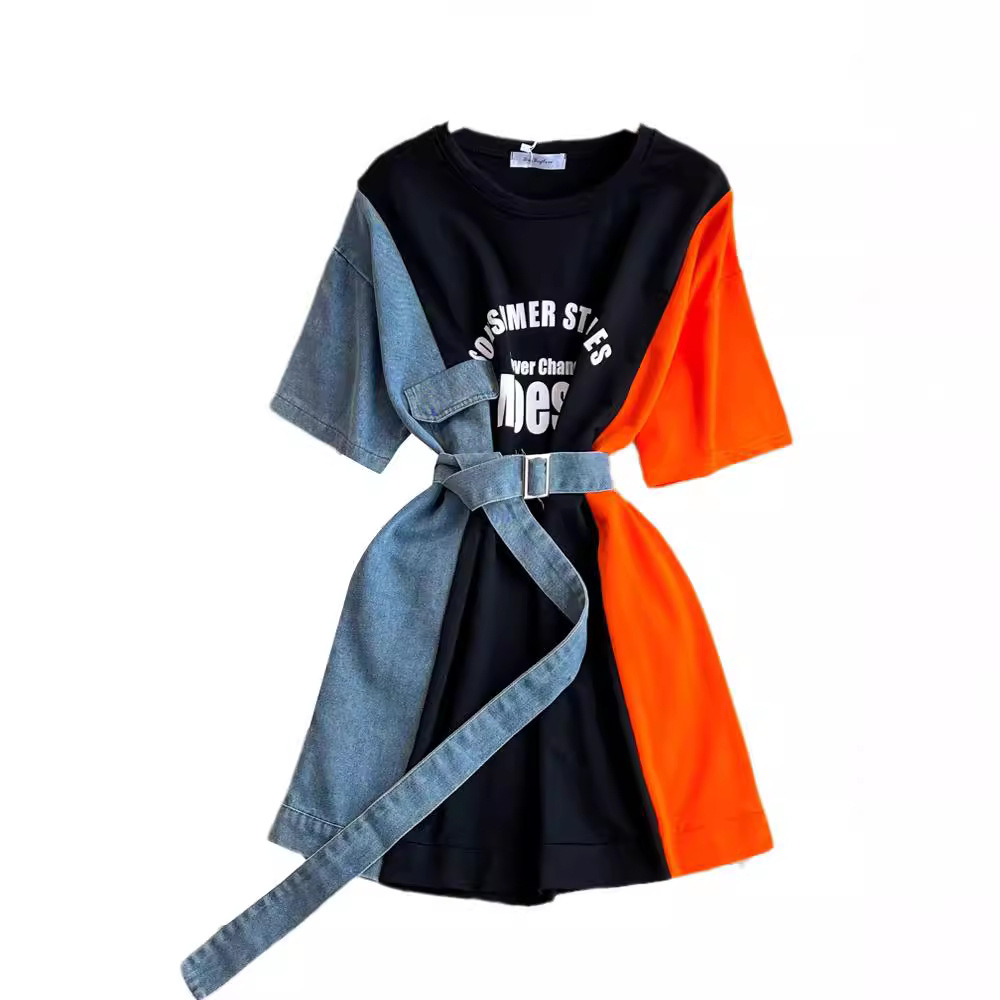 Women's Clothing Denim print splicing t shirt dress design round neck waist slimming a line dress_voghion.com