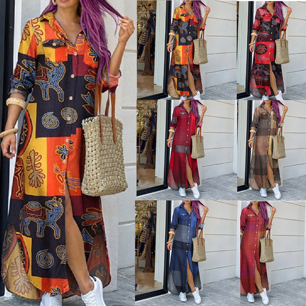 Women's Shirt Dress Casual V Neck Printing 3/4 Length Sleeve Printing Maxi Long Dress Daily display picture 1