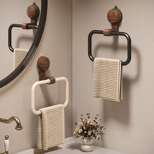 吸盘胡桃木毛巾架中古风免打孔壁挂卫生间毛巾圆环浴室浴巾挂架子
