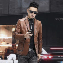 新款海宁皮衣男韩版潮修身帅气短款休闲西装领皮夹克男装外套