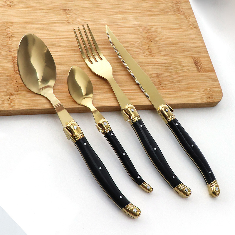 Manufacturers in stock titanium-plated gold stainless steel knife and fork spoon French western tableware black plastic handle household tableware