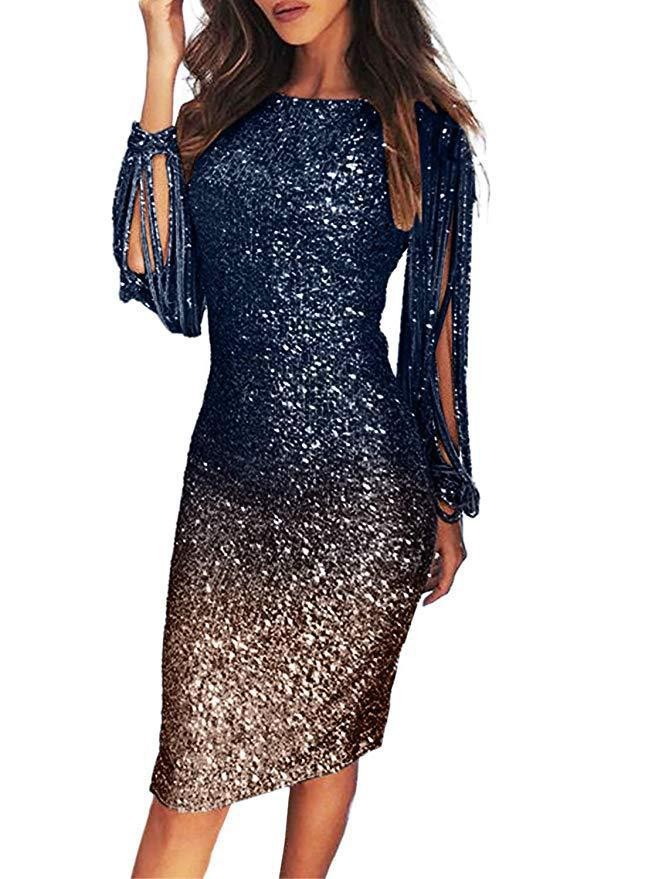 Damenbekleidung Abendkleid Quaste Langarm Farbverlauf Pailletten Dinnerkleid_voghion.com
