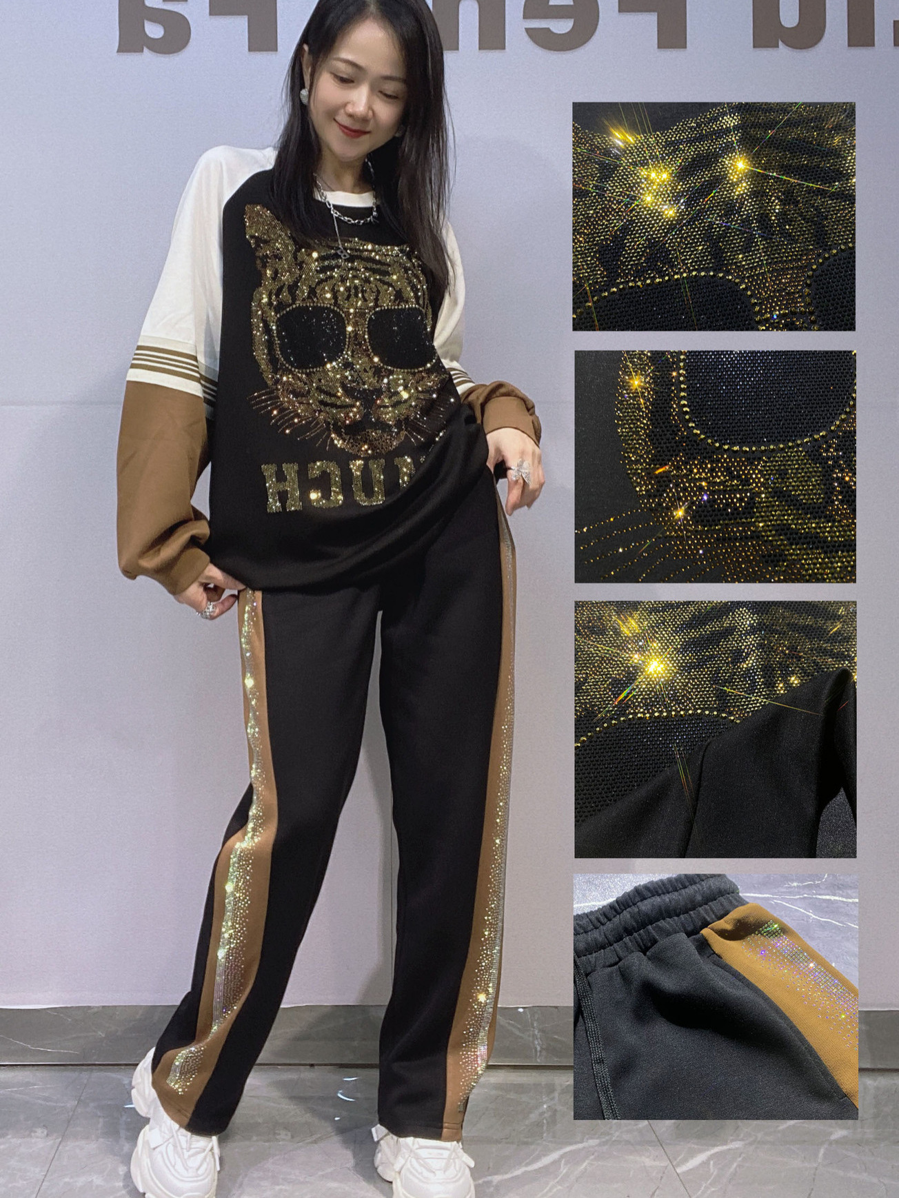 Trajes europeos de mujer de hombro de cuello redondo chaqueta de manga larga pantalones largos de tamaño grande conjunto de ropa deportiva de color diamante de empalme de dos piezas