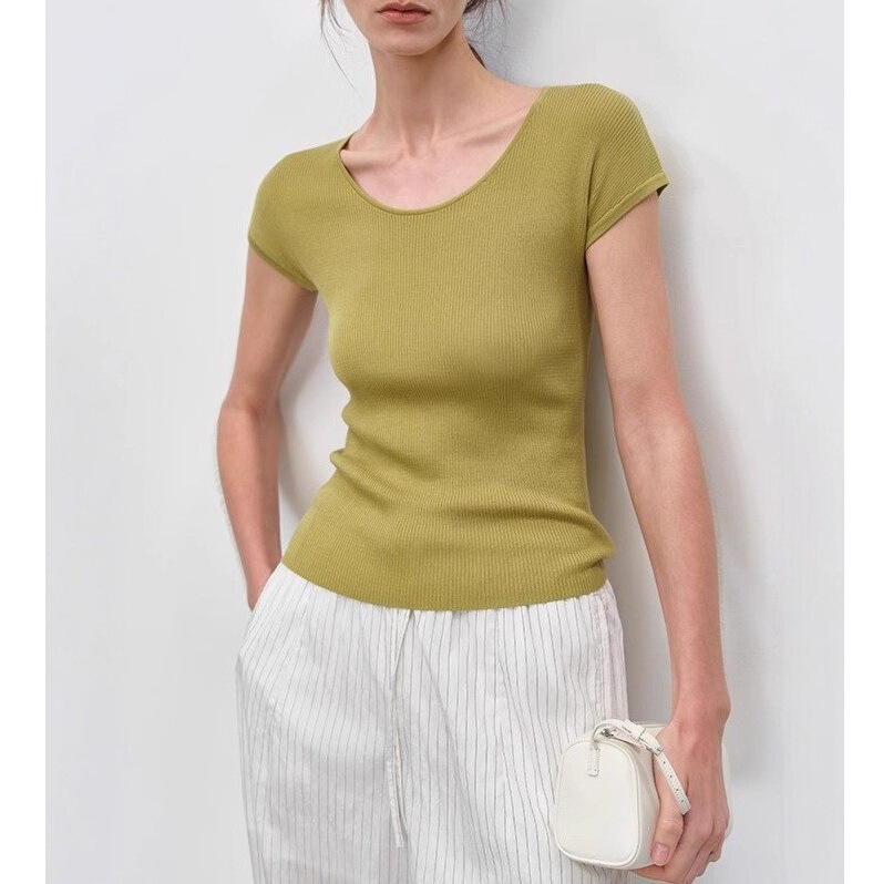 Msbeas Japanese Cool Knitted "Tri-Acetate Tencel T" U-Neck Pit High-Elastic Slimming Look Short-Sleeved T-Shirt