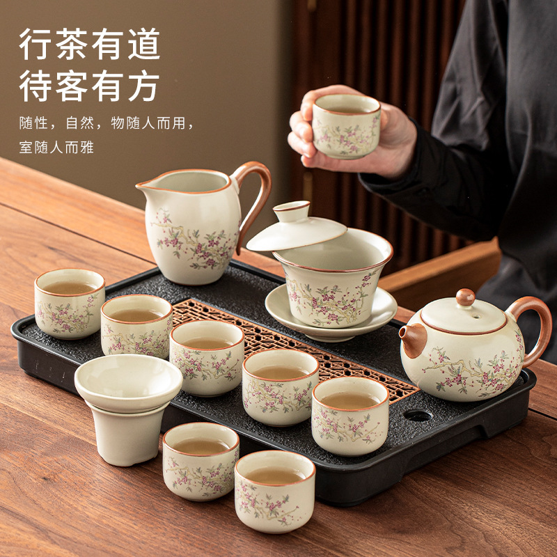 Wisteria Flower Ru Kiln Crackle Kung Fu Tea Set for Home Use in the Living Room, Includes Tea Cups, Tea Pot, and Ceramic Ware Wisteria Flower Ru Kiln Crackle Kung Fu Tea Set for Home Use in the Living Room, Includes Tea Cups, Tea Pot, and Ceramic Ware