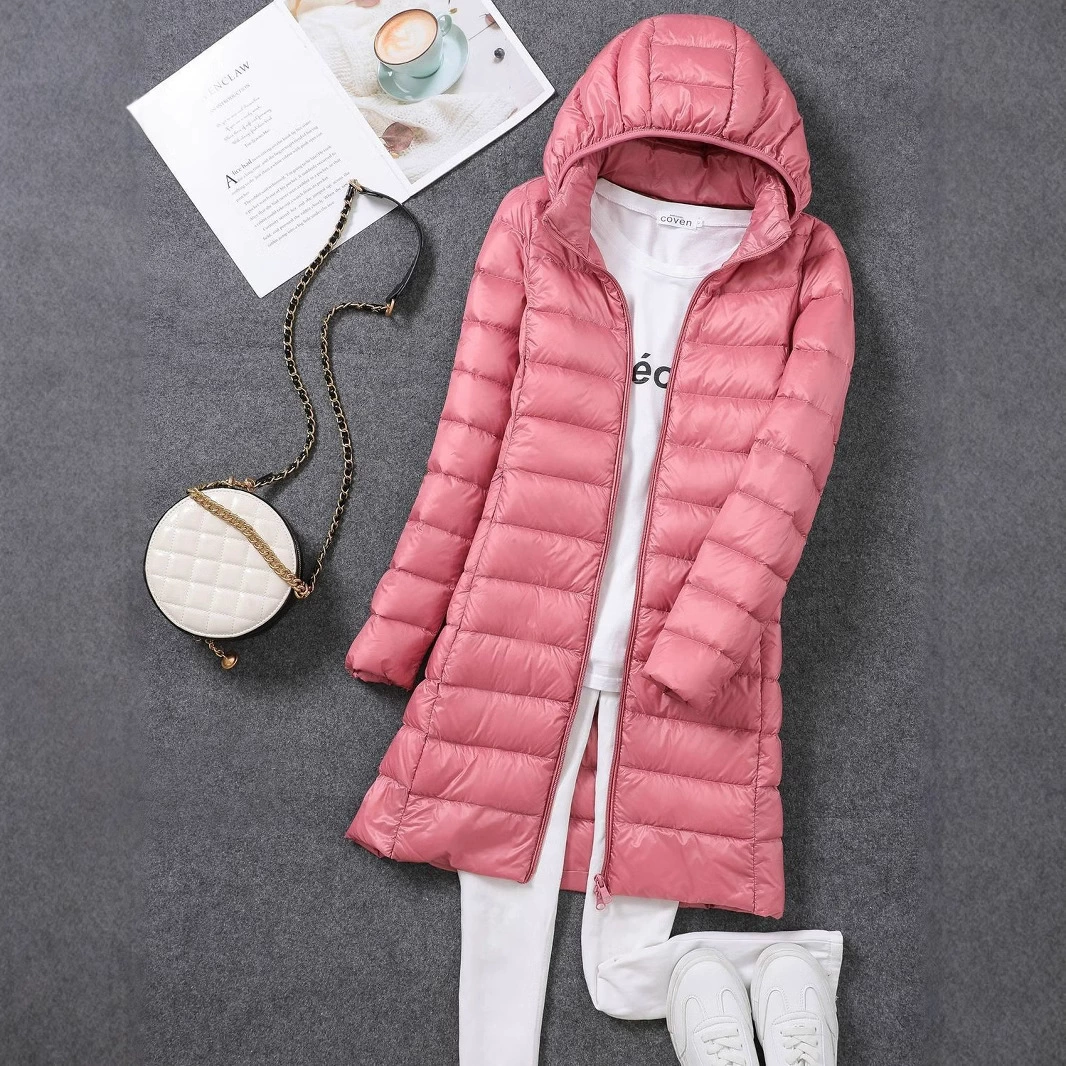 Новая легкая женская куртка-пуховик для осени и зимы в корейском стиле, средней длины, из белого утиного пуха, приталенная, со съемным капюшоном.