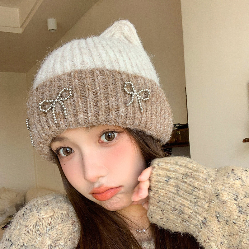 猫咪耳朵针织帽女秋冬可爱蝴蝶结户外加厚保暖显脸小毛线帽子批发|undefined