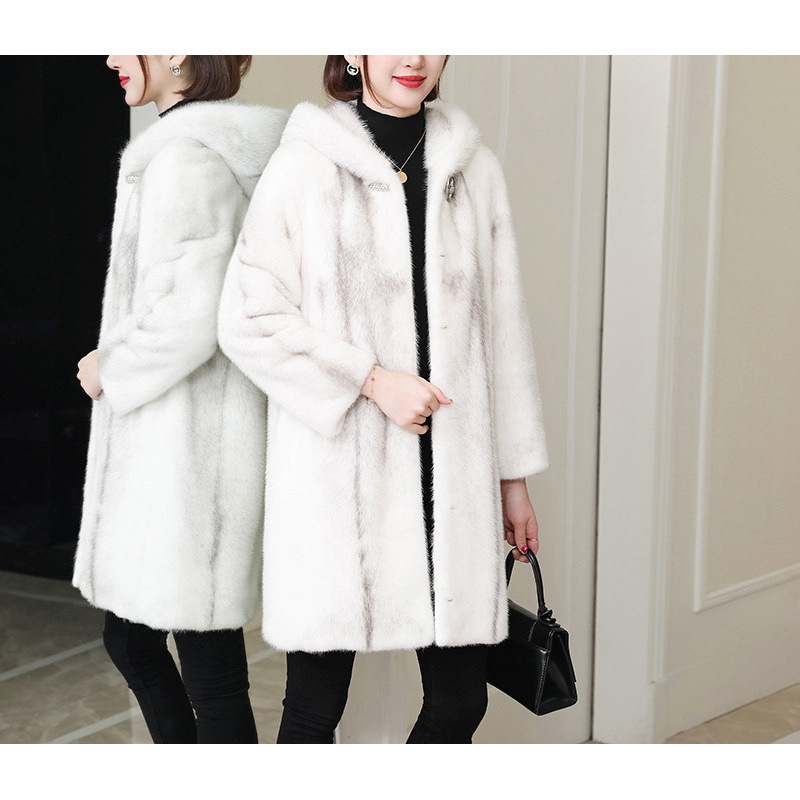 冬新款十字整貂水貂女装中长款裘皮大衣海宁皮外套连帽皮毛一体