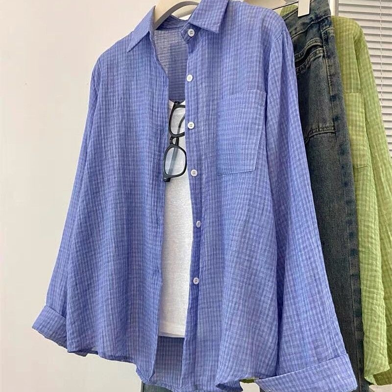 2026 Lazy Blue Spring and Summer Loose New Style Plaid Long-Sleeved Casual and Stylish Shirt Top Shirt Green