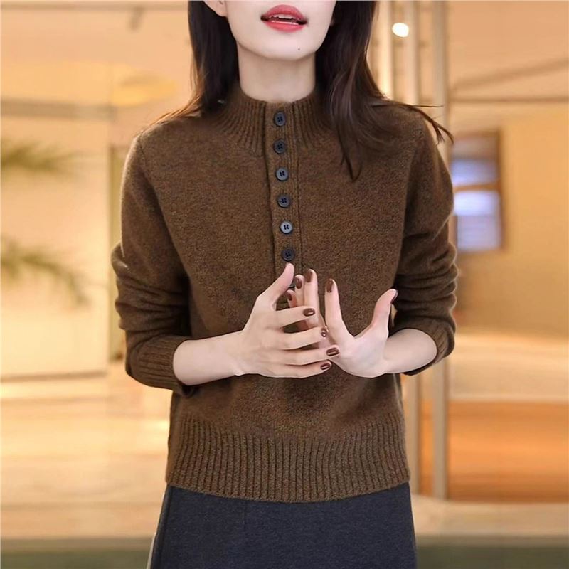 Clearance Sale of Pullover Sweaters in Coffee Color for Women from Ordos City, Autumn and Winter, Lazy Half-High Collar