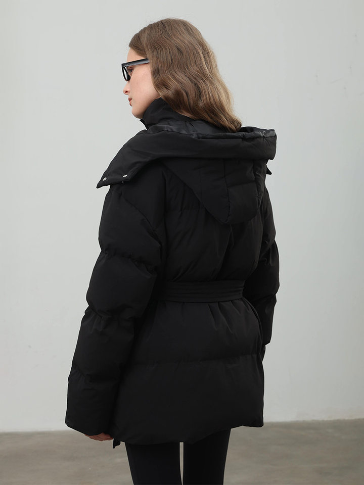 Áo khoác bông nữ có mũ, khóa kéo, thắt eo dáng ôm, dài trung bình, chất liệu polyester dày — màu nâu, màu đen, quả mơ chi tiết 24