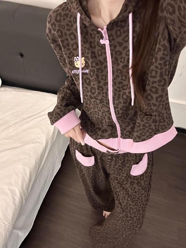 美式辣妹豹纹Kitty印花睡衣女春秋季新款大码可外穿家居服套装ins|undefined
