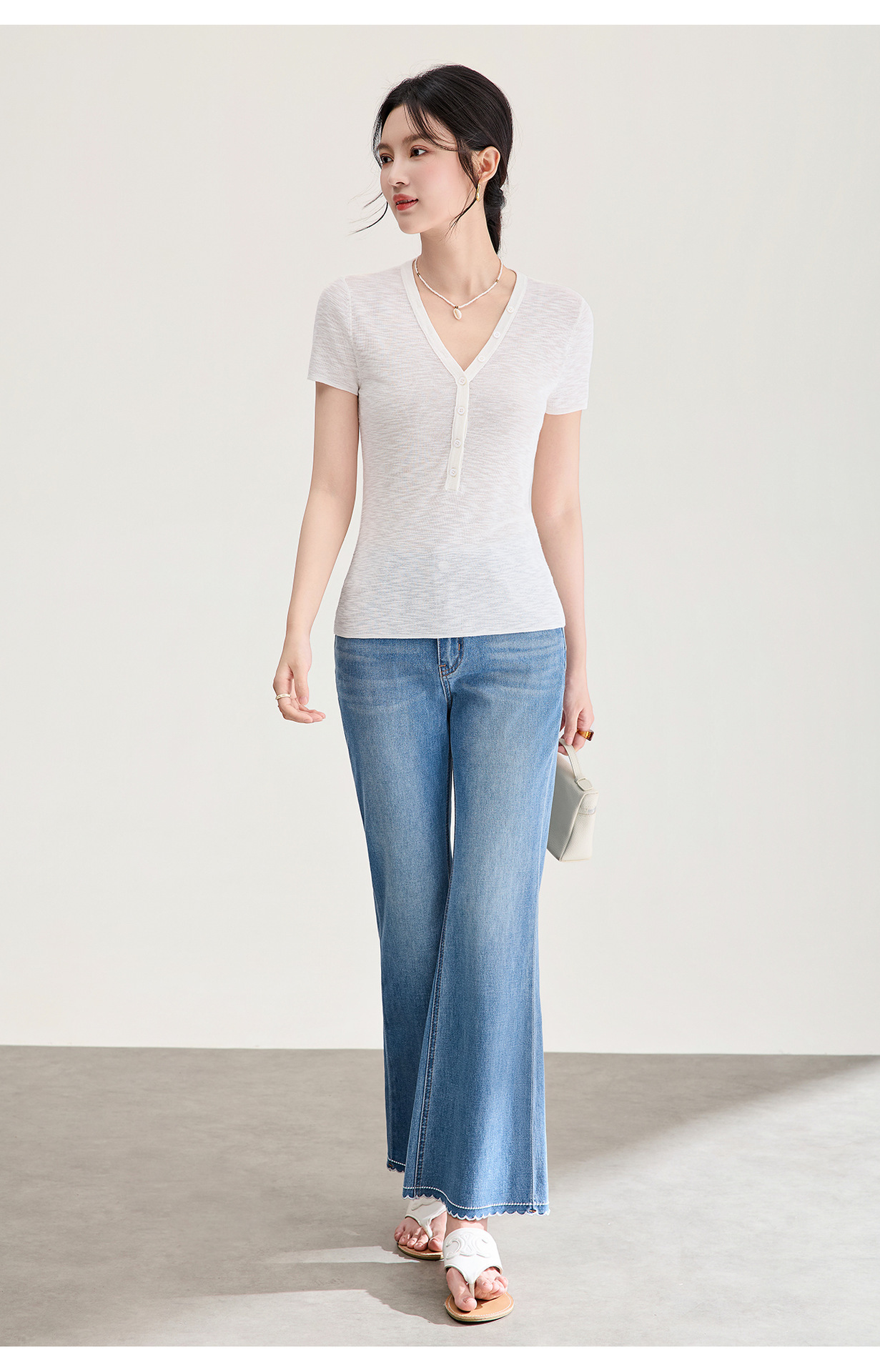 Quần jean nữ ống loe cạp cao co giãn bốn chiều vải cotton siêu mẫu — xanh lam chi tiết 21