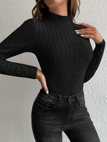 European and American women's tight-fitting innerwear solid-color ribbed top pullover long-sleeved knitted sweater base layer T-shirt