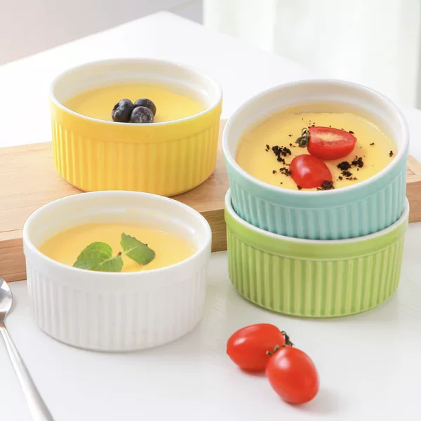 ins Style Simple Round Shufulei Baking Bowl Ceramic Striped Pudding Cup Baking Bowl Cheese Cake Bowl High Color Value