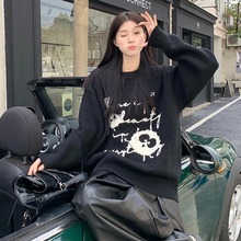 跨境贸易美式复古涂鸦黑色毛衣女秋冬2025新款宽松休闲设计感长袖