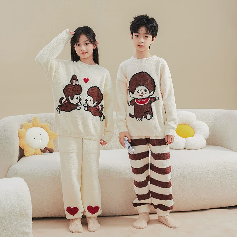 Мончичи детская пижама зимняя толстая половина бархатная девочка девочка с длинными рукавами мультяшная домашняя одежда набор