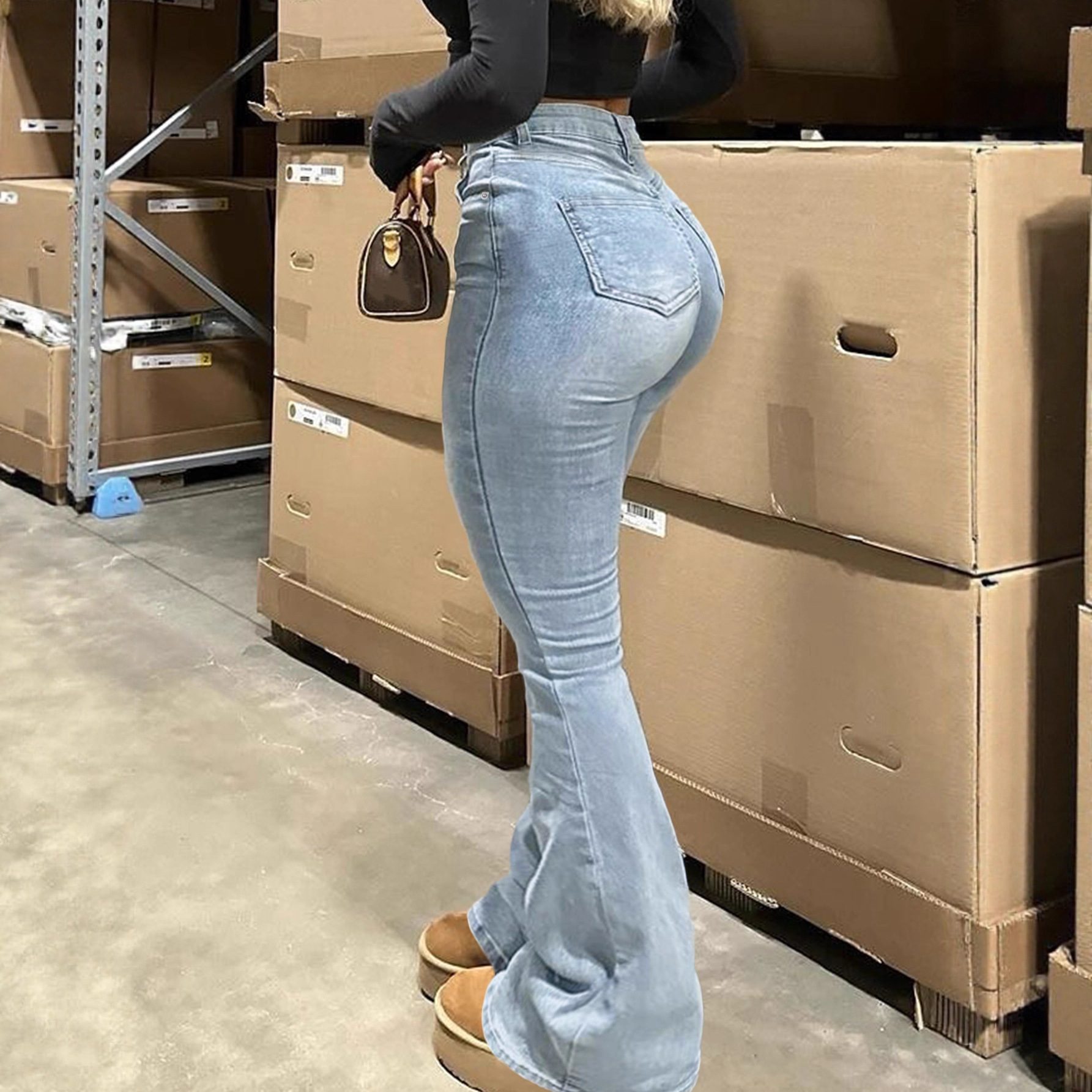 Micro-Flared Jeans Women's Street Style Solid Color Zipper Flared High Elastic High Waist Slim Jeans