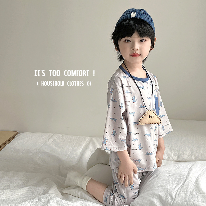 Black Coffee Bear Round Neck Cartoon Lyocell Cotton Class A Children's Home Clothes Spring New Loose Long Sleeve Pants Pajamas suit