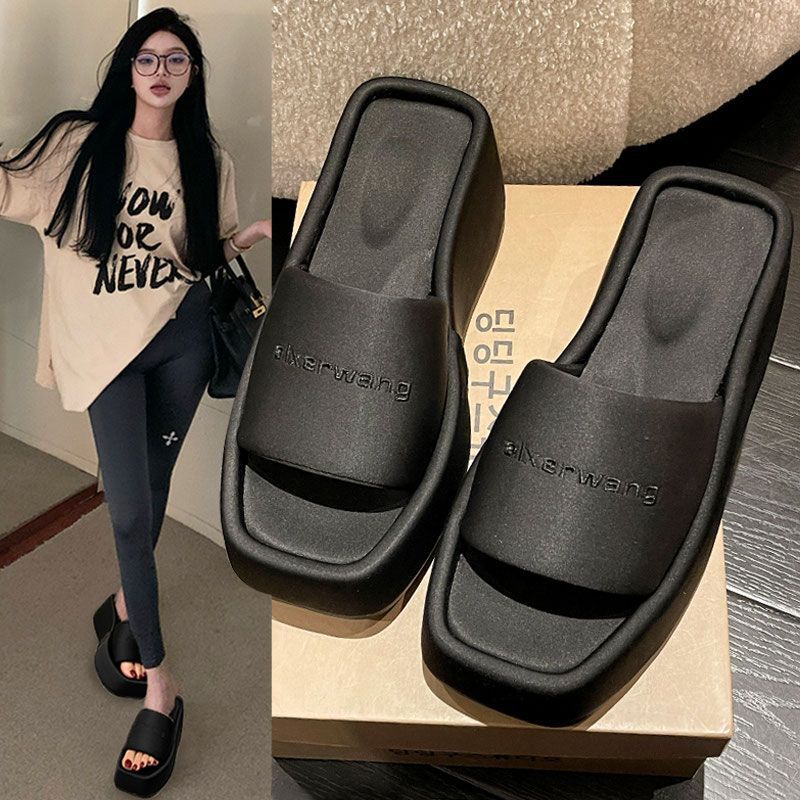 2025 Spring New Style Slim Sandals for Small People Aw Dwarf Thick-Soled Slippers Heightening Platform Denim Women's Shoes