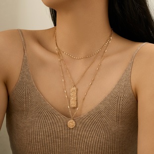 European and American Style Multi-Layered Necklace, Metal Texture Geometric Pendant, Fashion Blogger's Same Style Clavicle Chain Three-Layer Necklace