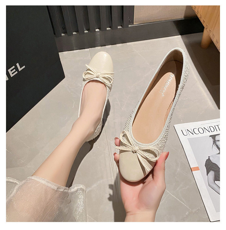 Giày búp bê nữ mũi tròn da cừu phối nơ, đế bệt gót thấp 1–3 cm — Mây Xám, Trắng sữa, Đen Mơ chi tiết 29