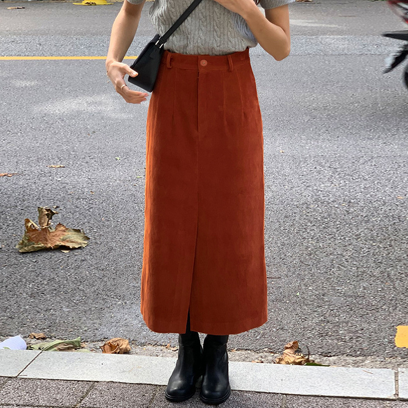【Clearance Sale】Women's Autumn/Winter High-Waisted Bodycon Skirt, Mid-Length Slit Skirt, Corduroy Loose Straight Skirt