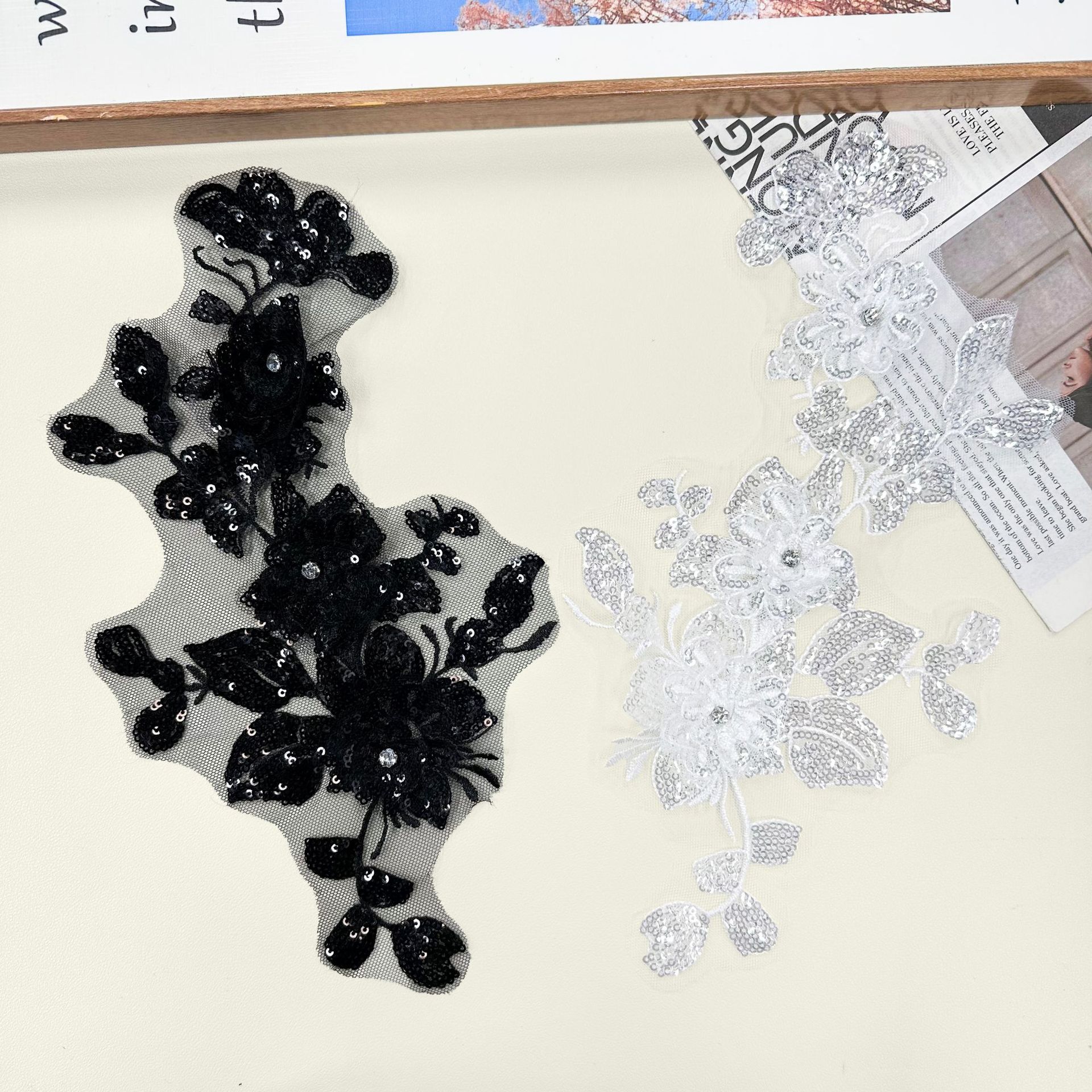 Sequinilla negra diamante floral tridimensional pegatinas de encaje DIY parches de decoración de ropa accesorios de ropa