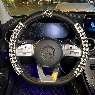 wheel cover summer goddess creative: Steering wheel cover - camellia-houndstooth-leather-stitching-d-shaped-38cm