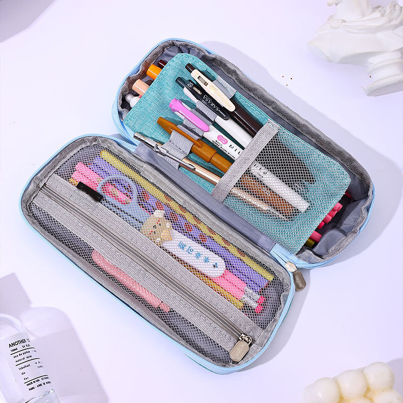 Nuevo estilo transfronterizo de alto valor, estilo japonés y coreano, bolsa de lápices retráctil expandible de color sólido, bolsa de papelería de doble capa de gran capacidad