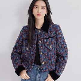 2024春秋新款女宽松显瘦百搭气质名媛编制彩色粗花呢上衣女外套