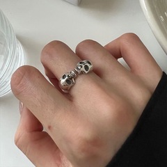 925 Silver Retro Double Skull Ring Fashion Personality Instagram Trendy Hip-Hop Style Creative Distressed Ring