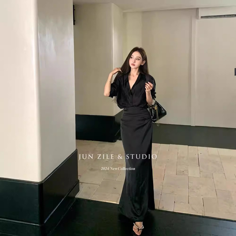 Women's Shirt Elegant Design Shirt 2025 Autum Fashion Suit High Waist Half Length Skirt Elegant Slimming Look