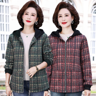 Mom's Spring & Fall Casual Hooded Plaid Jacket for Women, Loose-Fitting Middle-Aged and Elderly Women's Outer Short Jacket Top