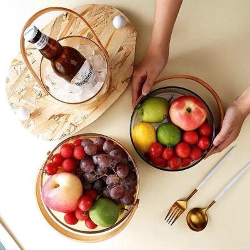 Cesta de fruta de lujo ligero plato de fruta de vidrio portátil sala de estar ensalada de dulces tazón plato de merienda hogar neto cubo de vino de fruta roja
