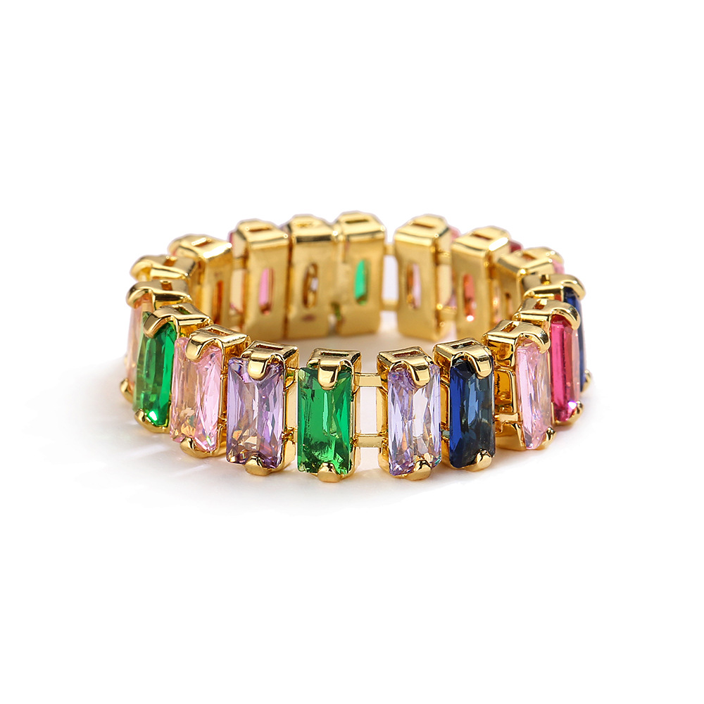 RAKOL 欧美时尚流行彩色方形锆石戒指ins冷淡风个性百搭链条指环