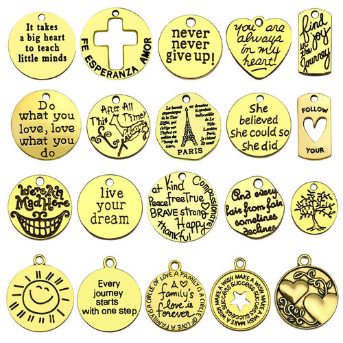 Ancient gold zinc alloy inspirational English letters round rectangle mixed key chain bracelet necklace tag accessories