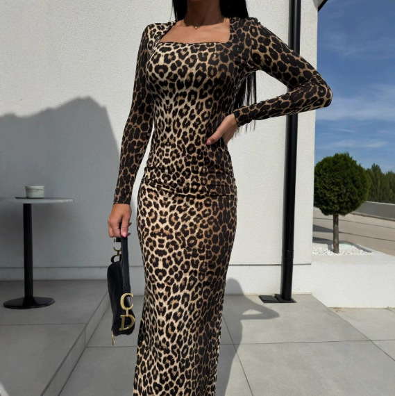 Cross-Border Amazon European and American Export Autum New Sexy Leopard Print Square Neck Long-Sleeved Slim-Fitting Hip-Hugging Dress