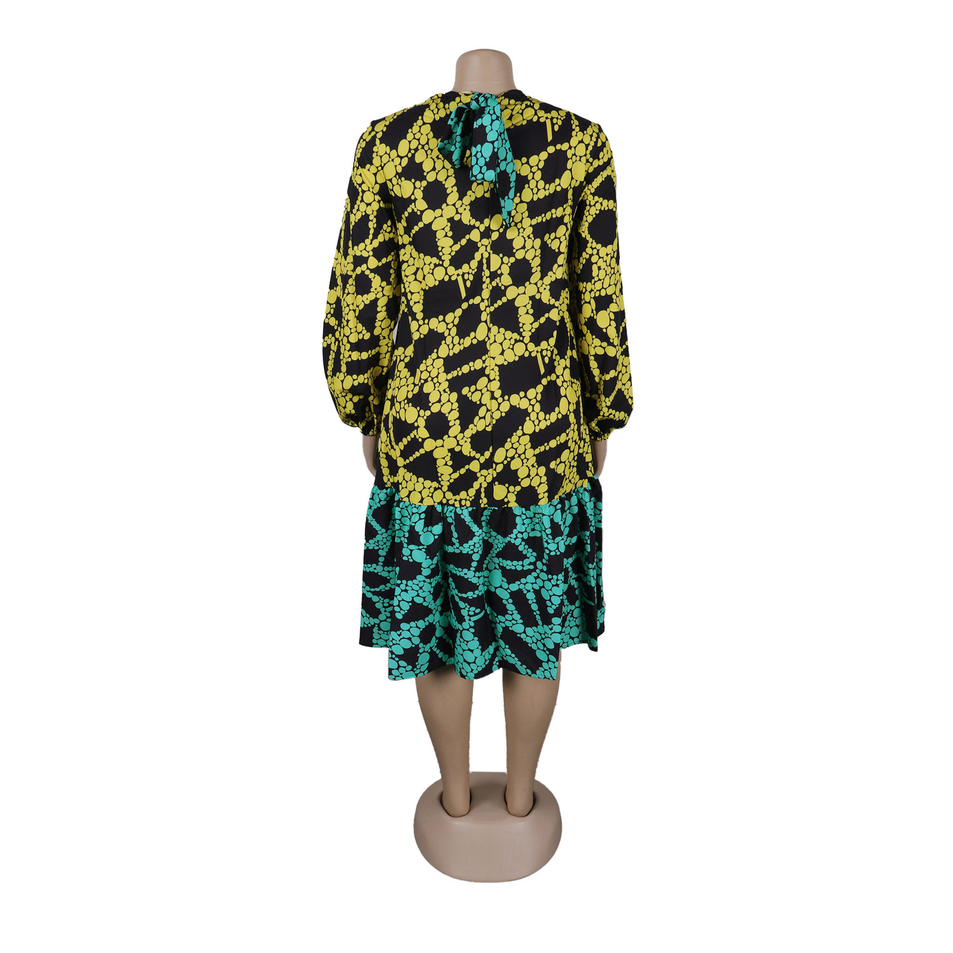 Printed Lace up Lantern Sleeve Loose Large Round Neck Dress