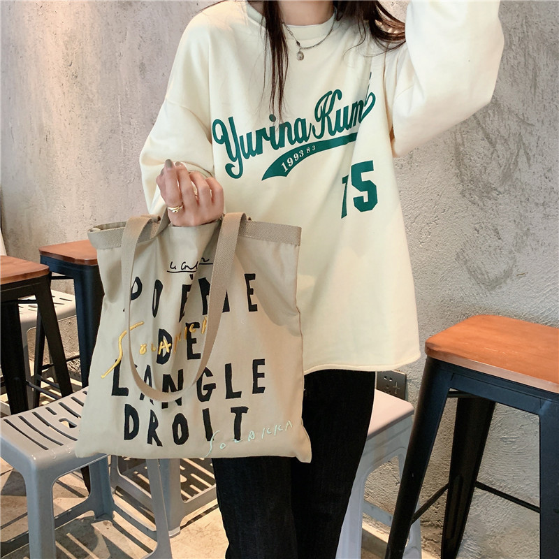 2162 French Poetry Letter Embroider Canvas Bag Korean Ins Large Capacity Shoulder Satchel Shopping Bag Tote Bag