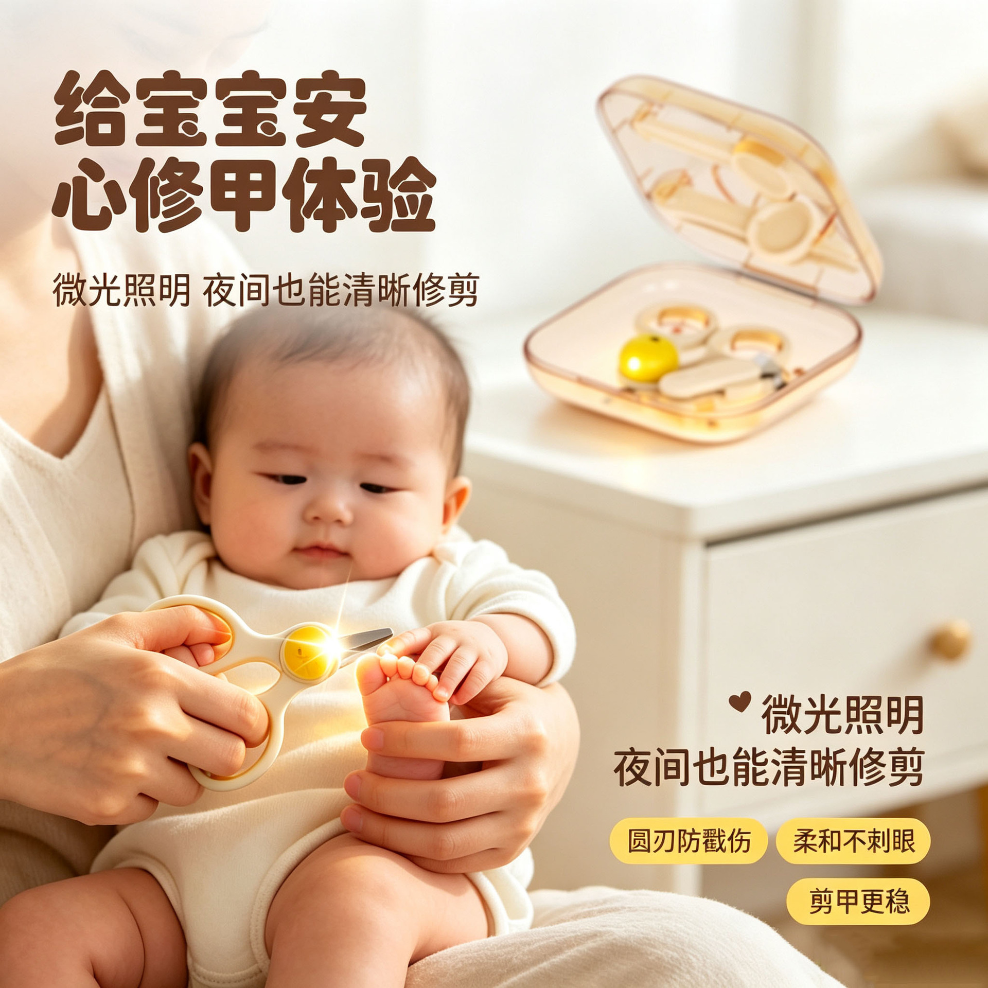 Baby Magnetic LED Soft Light Nail Clipper Set Newborn Round-Head Scissors Baby Nose Pliers Care Set