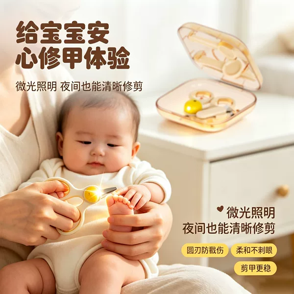 Baby Magnetic LED Soft Light Nail Clipper Set Newborn Round-Head Scissors Baby Nose Pliers Care Set