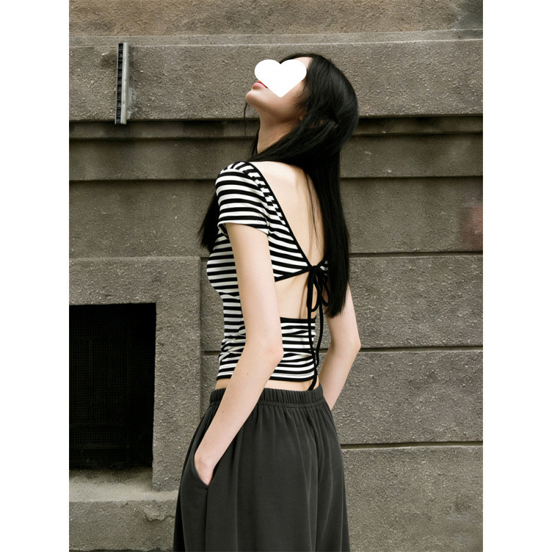 1*1 Cool Silk Cotton American-Style Striped U-Neck Backless Short-Sleeve T-Shirt for Women, Summer Slim Fit Sweet Spicy Girl Pure Desire Style Tie-Up Top 1*1 Cool Silk Cotton American-Style Striped U-Neck Backless Short-Sleeve T-Shirt for Women, Summer Slim Fit Sweet Spicy Girl Pure Desire Style Tie-Up Top