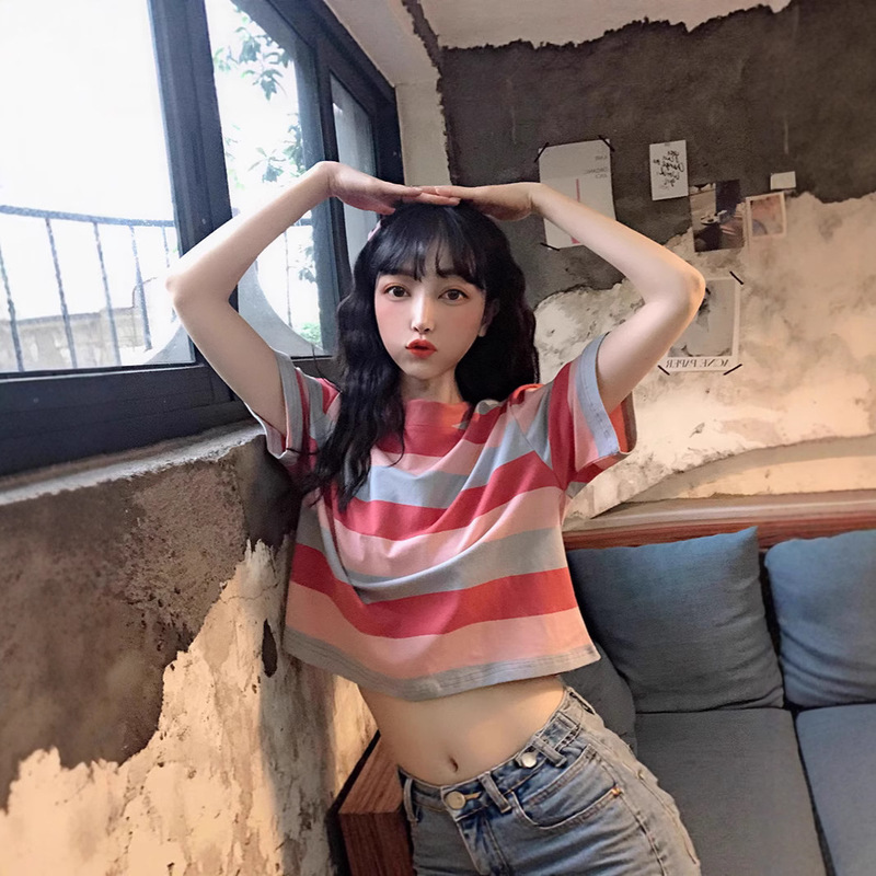 Korean Rainbow Contrast Stripesd Round Neck Short-Sleeved T-Shirt for Women 2025 Summer New Style Navel-Baring Loose Casual Top Trendy